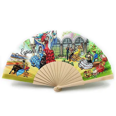 Abanico Plegable con Funda de piel. Tela Estampada de Algodón sobre Madera. (Flamenco verde)