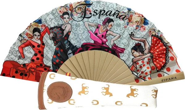 Abanico de Bambú y Tela con Dibujo Estampado. Incluye Funda Hecha en España (Abanico Flamenco B