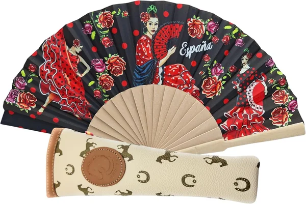 Abanico de Bambú y Tela con Dibujo Estampado. Incluye Funda Hecha en España (Negro Funda BP)