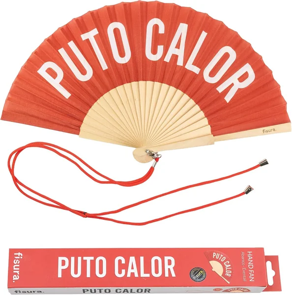 Fisura – Abanico original con mensaje “p*to calor” rojo. Accesorio de verano, madera moderno y 