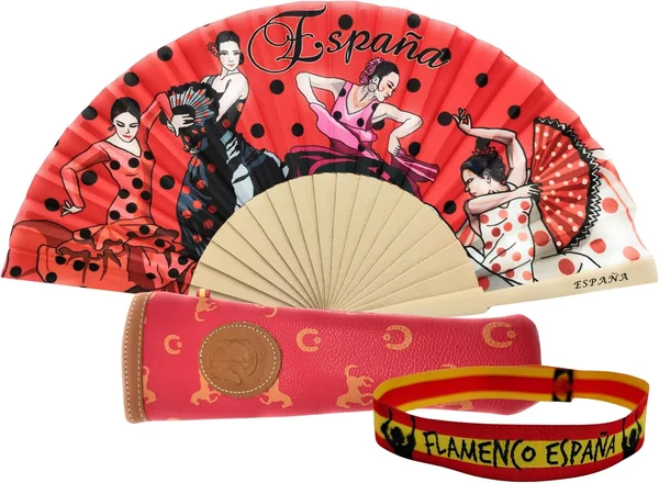 Pack de Abanico con Dibujo Baile Flamenco con Funda Artesanal Hecha en Ubrique y Pulsera de Tel