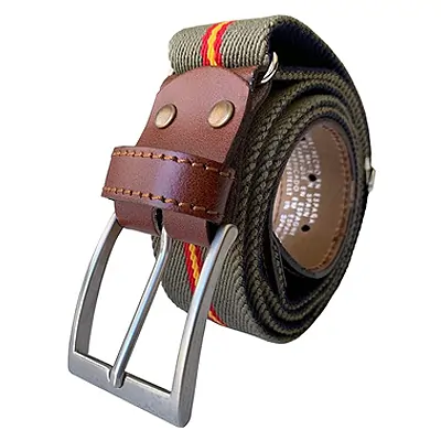 LEGADO Cinturón hombre y pulsera bandera España, cinturón elástico con cuero marrón, piel de Ubrique (Verde Caza Bandera España)