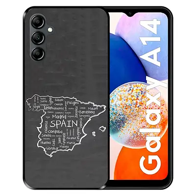 Funda para Samsung Galaxy A14, Mapa Dibujado a Mano con provincias de España, Carcasa Silicona Negra Flexible TPU