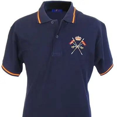 Polo Caballería Española para Hombre, Color Marino, Bandera España en Cuello y Mangas, 100% algodón