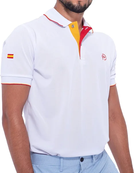 Polo de Golf Blanco, Manga Corta, Detalles Bandera España (UPF 50+)