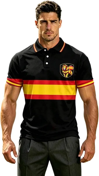 Polo Hombre Manga Corta Negro, Tema España, Camiseta de Fútbol Estampado Rayas Roja-Amarillo-Ro