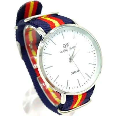 BDM Reloj de Hombre y Mujer analógico de Tela Azul Marina con la Bandera de España y Esfera Redonda.